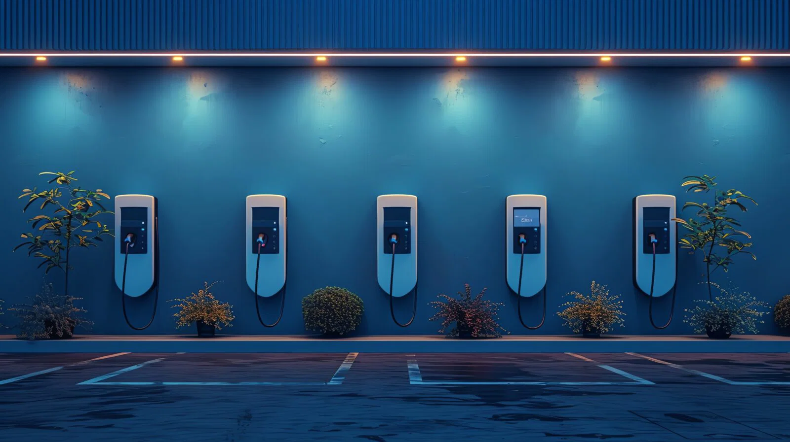 Multiple EV chargers lined up at a corporate office building, against a professional blue background, suitable for business-oriented audiences, high detailed and resolution